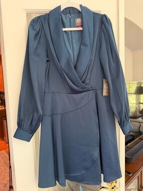 Vince Camuto Blue Satin Long-Sleeve Wrap Dress